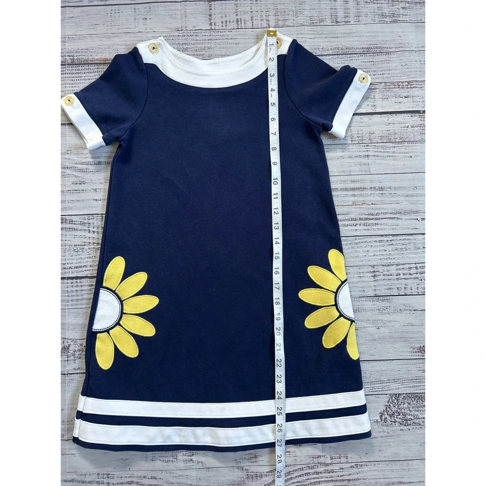 Vintage Hartstrings Daisy Applique Dress Kids Navy Blue White Floral Size 7